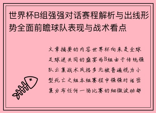 世界杯B组强强对话赛程解析与出线形势全面前瞻球队表现与战术看点