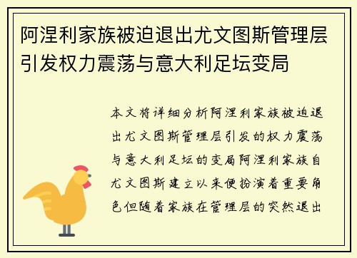 阿涅利家族被迫退出尤文图斯管理层引发权力震荡与意大利足坛变局 阿涅利家族被迫退出尤文图斯管理层引发权力震荡与意大利足坛变局